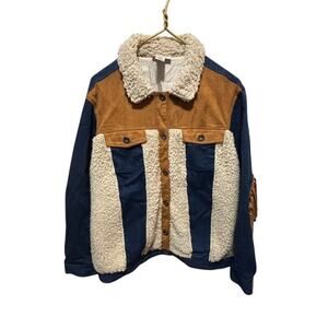 Back In The Saddle Western Sherpa Jacket 2X Blue Tan Fringe Coat Cowgirl Boho